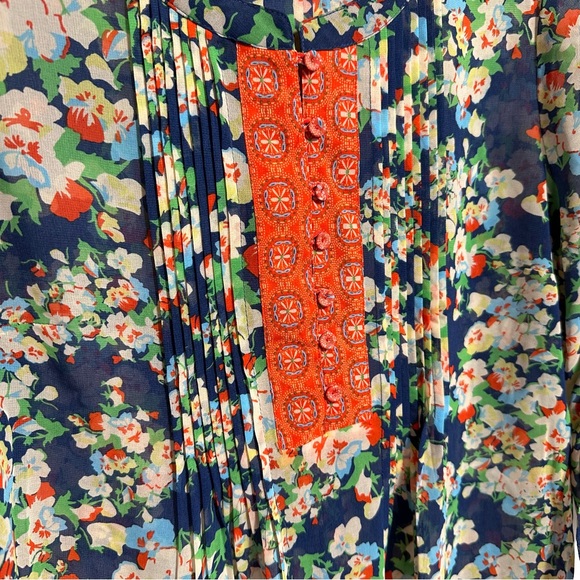 DANIEL RAINN FLORAL MIXED PRINT SEMI-SHEER PLEATED POP-OVER TUNIC BABYDOLL SzM - Picture 3 of 8